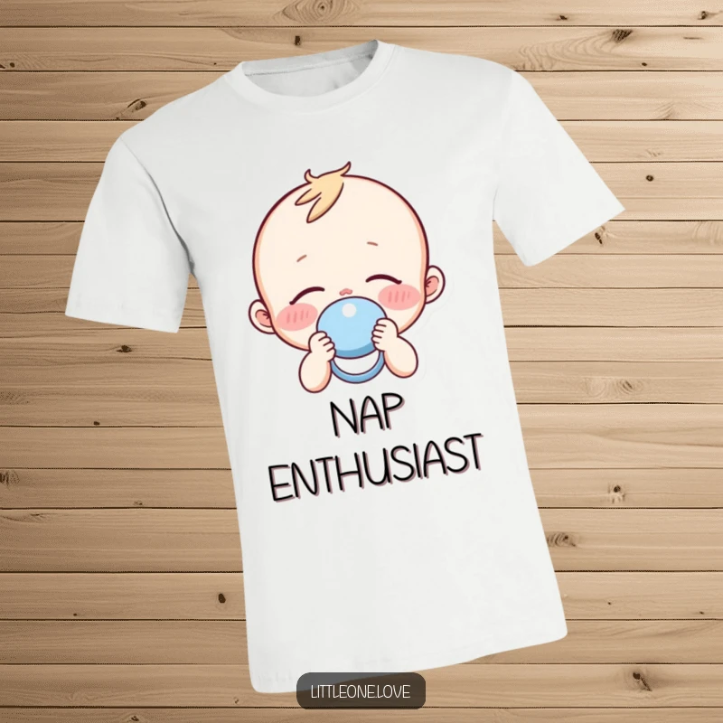 Funny sleepy baby character with rosy cheeks holding a pacifier, printed on a soft, comfortable t-shirt.