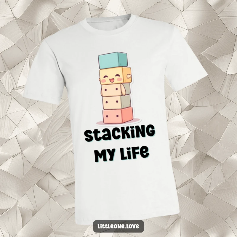 Funny t-shirt with a baby block character happily stacking itself too high. A humorous and ambitious design.