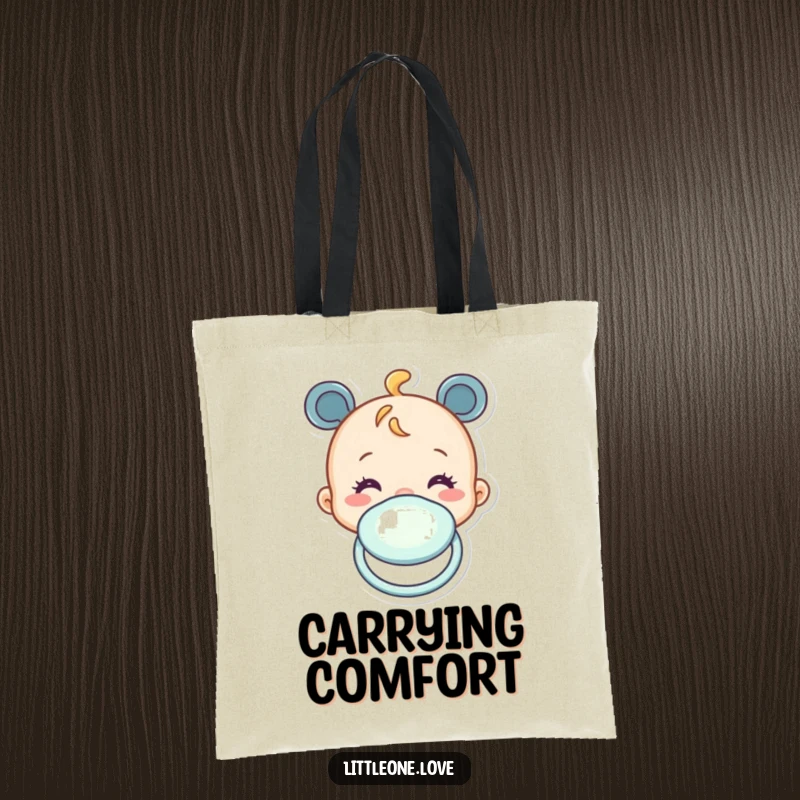 Funny tote bag with a cheerful baby pacifier character bobbing up and down, perfect for carrying items. Gift idea.