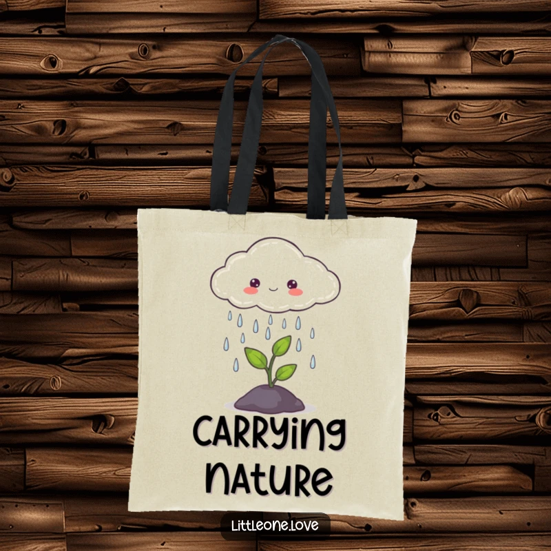 Funny tote bag featuring a cute cloud gently raining on a tiny green sprout, a charming accessory for carrying essentials.