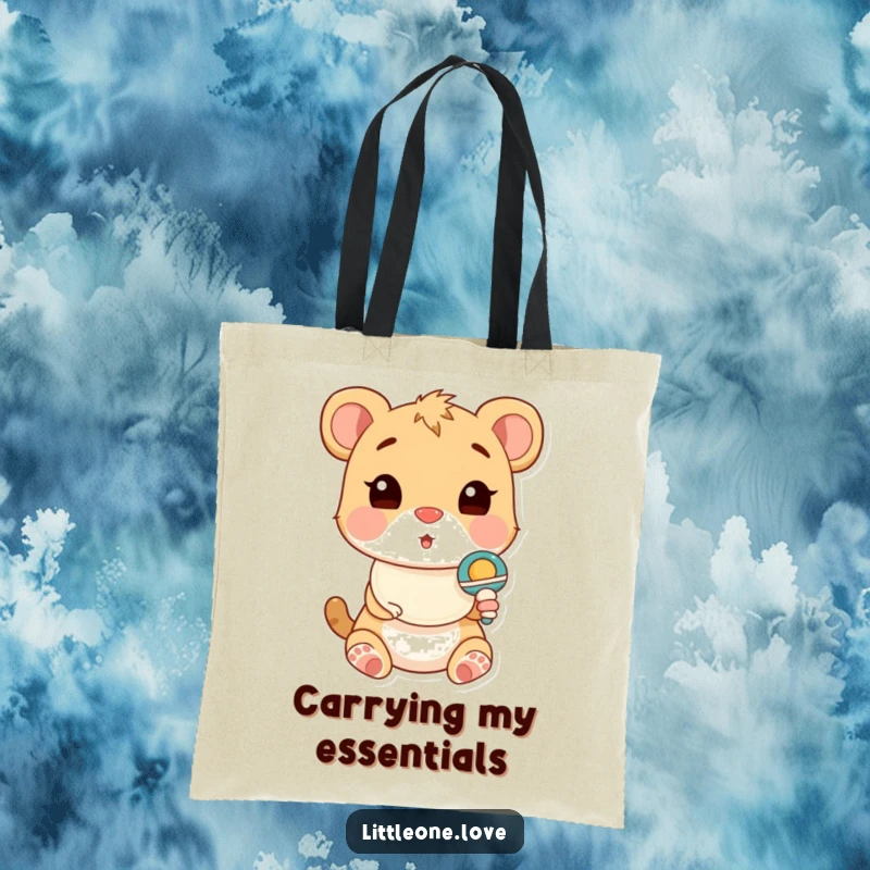 Funny Tote Bag showing a cute baby animal in a bib, comically surprised by a rattle, perfect for carrying essentials.