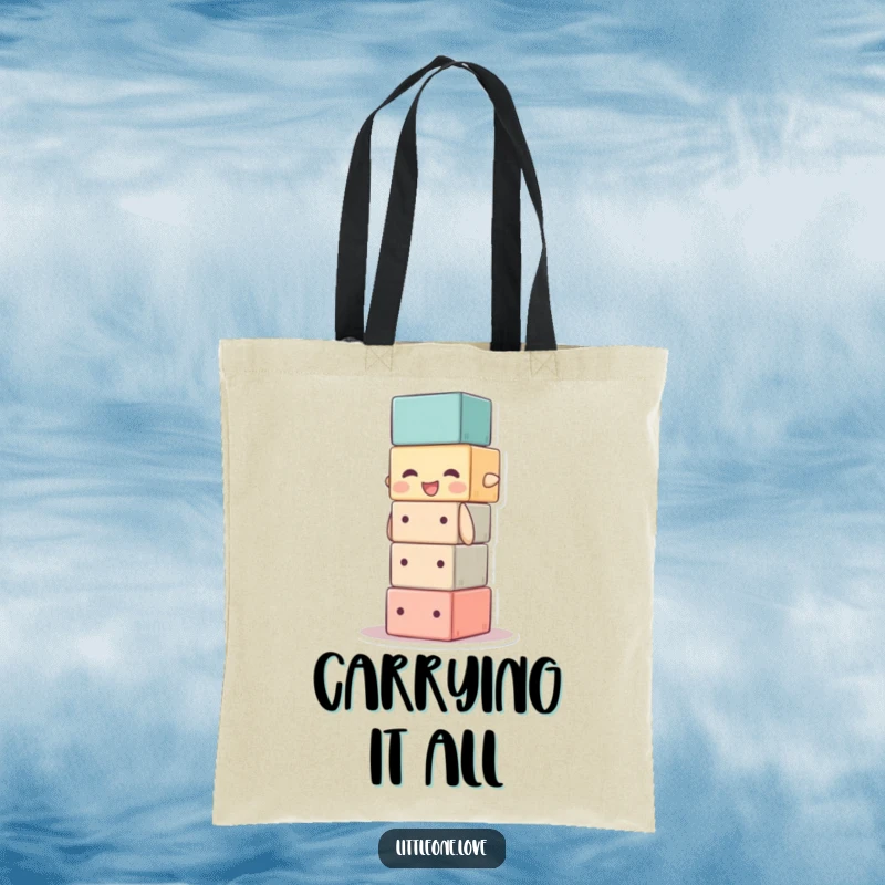 Funny tote bag with a baby block character stacking itself too high, perfect for carrying items humorously. Gift idea.