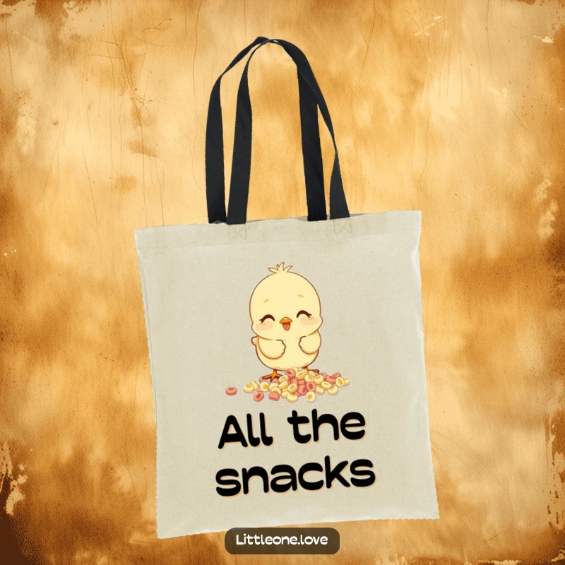 Funny baby chick tote bag, happy chick pecking at spilled cereal, cheerful and practical accessory for errands.