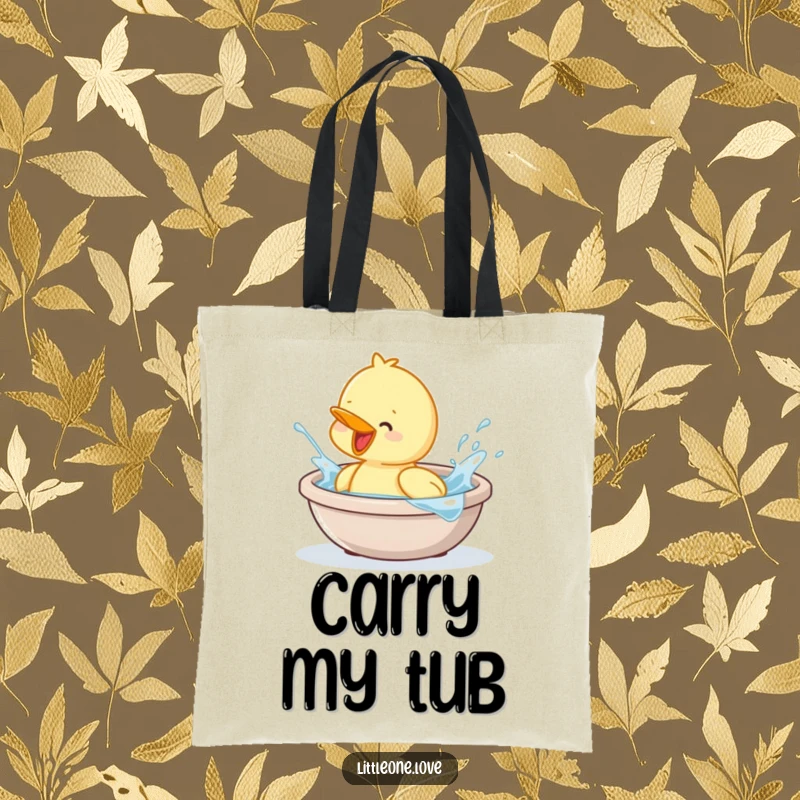 Funny tote bag showcasing a baby duckling splashing joyfully in a tub. Practical and humorous accessory.