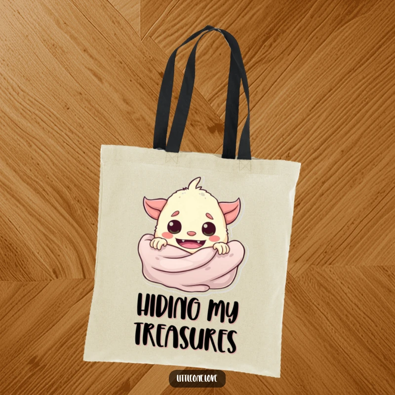 Funny playful baby monster peeking from behind a soft blanket, on a durable and charming tote bag.