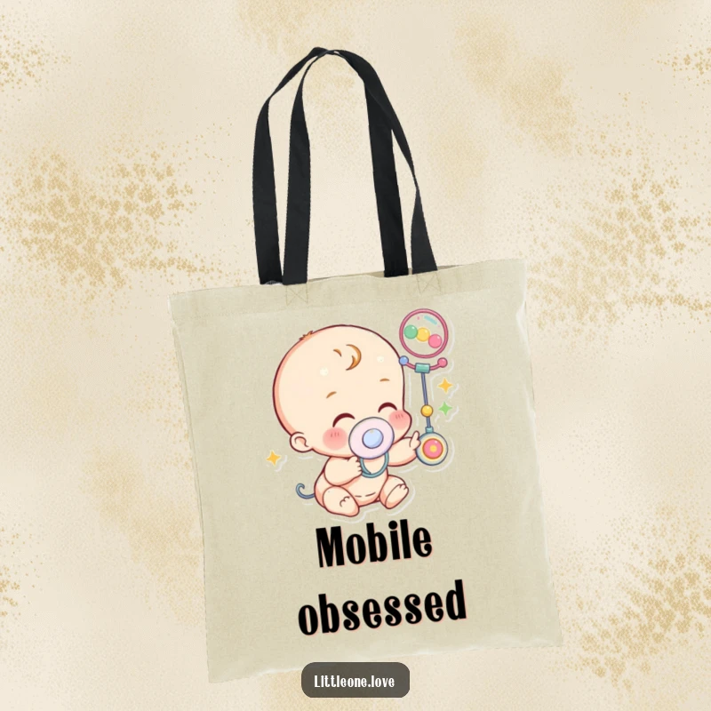 Funny Tote Bag: A baby character with a pacifier giggles uncontrollably while reaching towards a stimulating, colorful mobile.