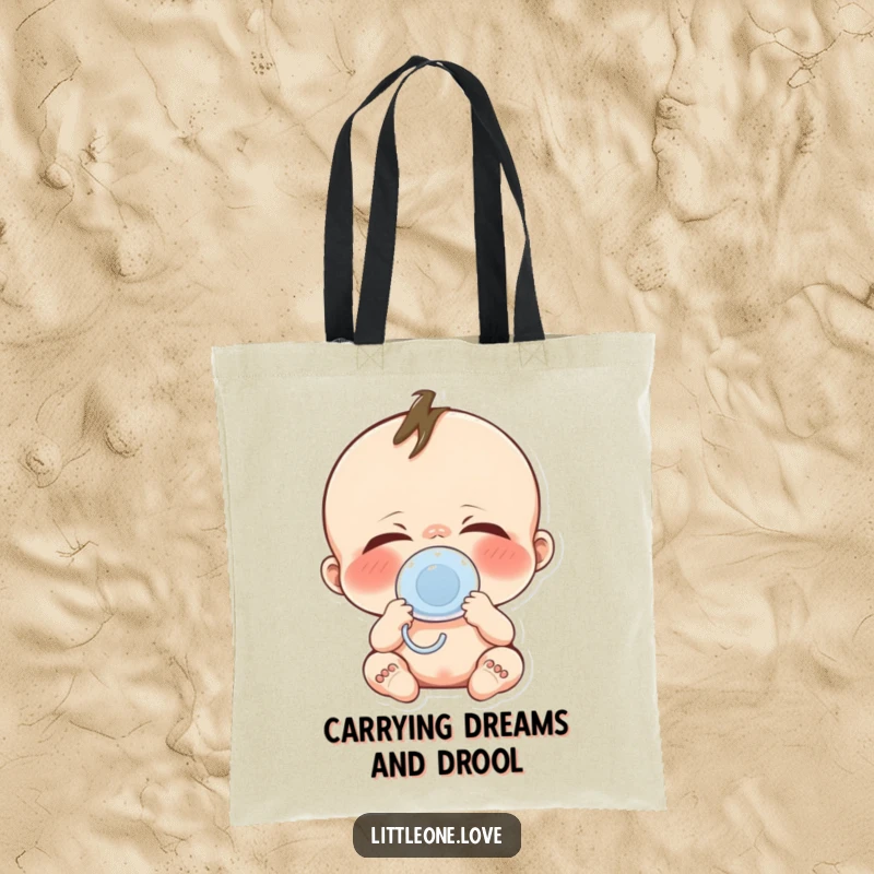 Funny baby yawn tote bag featuring a cute character yawning widely with a pacifier, ideal for carrying essentials with humor.
