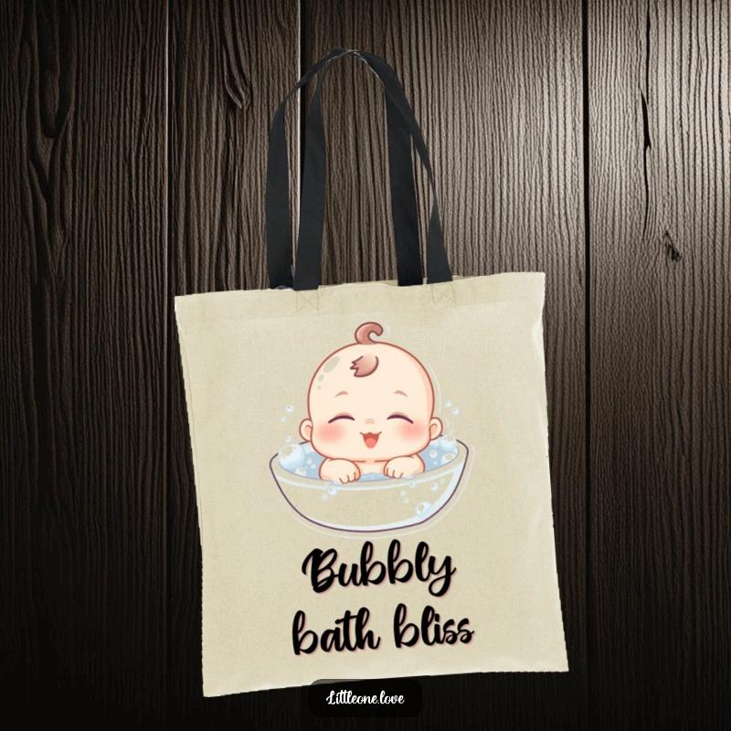 Funny Tote Bag: A chubby baby character with half-closed sleepy eyes floats contentedly in a tub filled with effervescent bubbles.