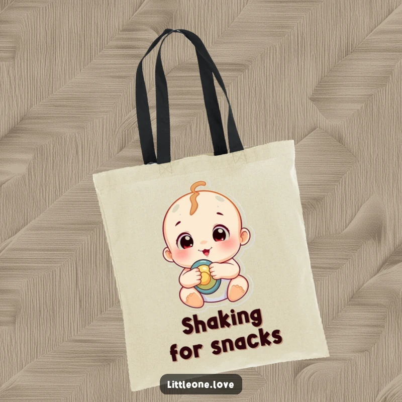 Funny chubby baby character with wide, curious eyes holding a rattle, printed on a durable and stylish tote bag.