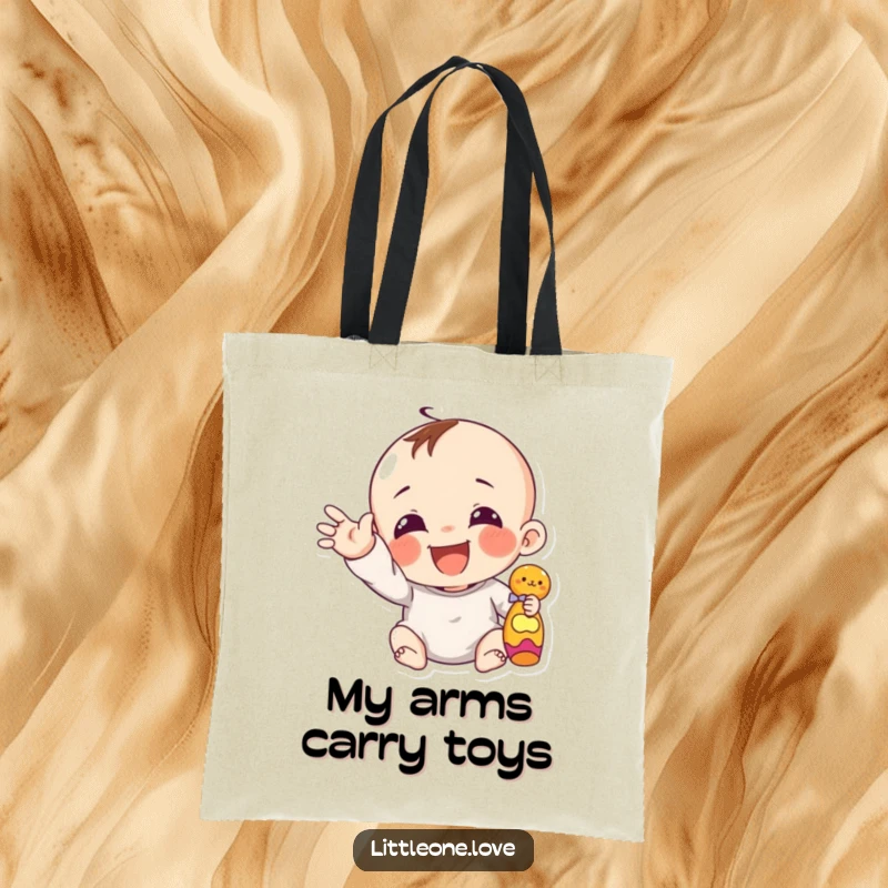 Funny giggling infant character reaching out a chubby hand towards toy, on a durable and charming tote bag.