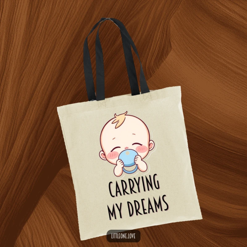 Funny sleepy baby character with rosy cheeks holding a pacifier, on a durable and charming tote bag.
