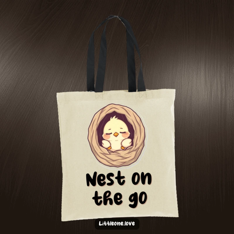 Funny tote bag with a tiny, sleepy baby bird peeking from its nest, combining practicality with adorable, sleepy charm, perfect for everyday use.