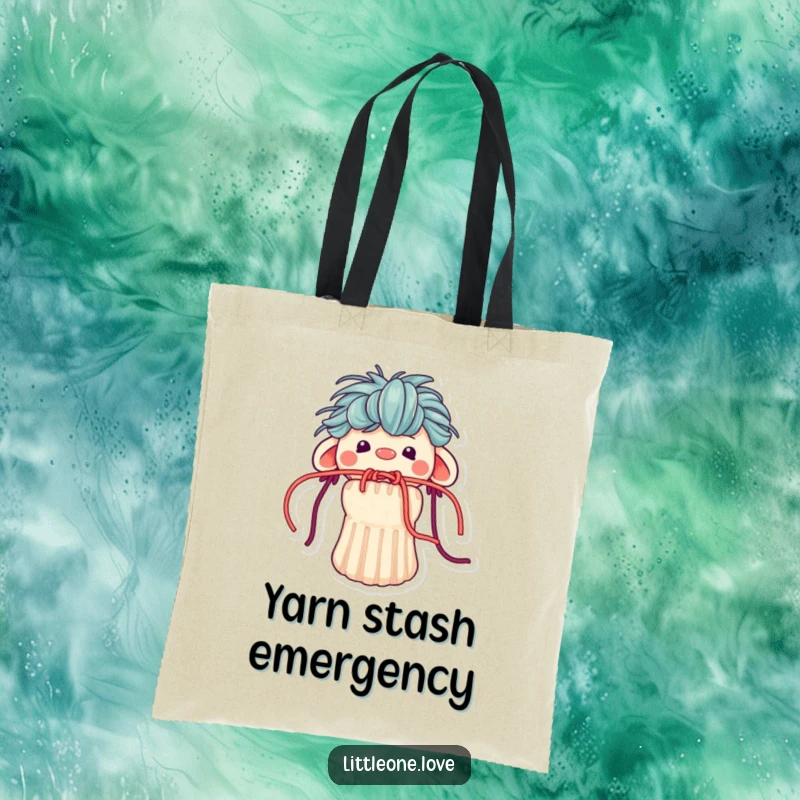 Funny tote bag featuring a charming sock puppet struggling with its own yarn hair, humorously stuck in its mouth, a creative accessory.