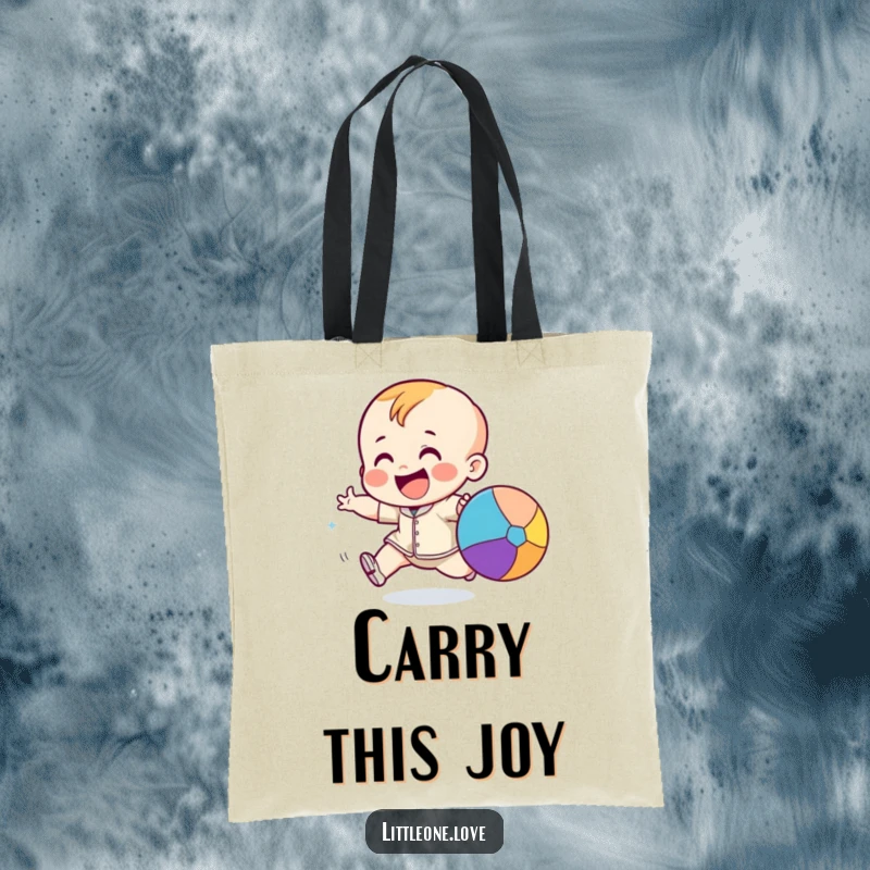 Funny giggling toddler character excitedly chasing a bouncing colorful ball, printed on a practical and fun tote bag.