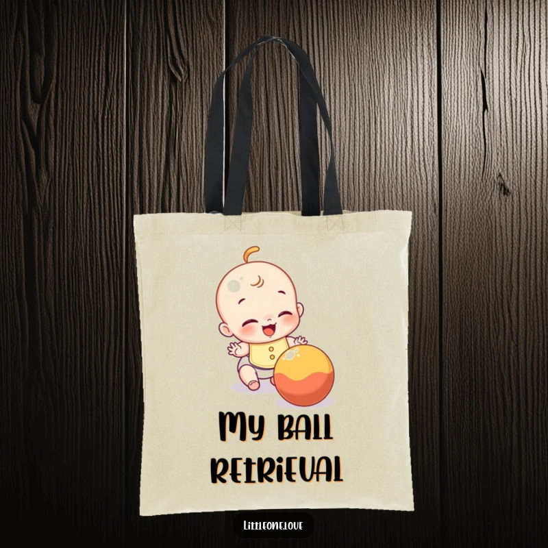 Funny tote bag showing a giggling baby in a bib attempting to catch a rolling ball, perfect for outings.